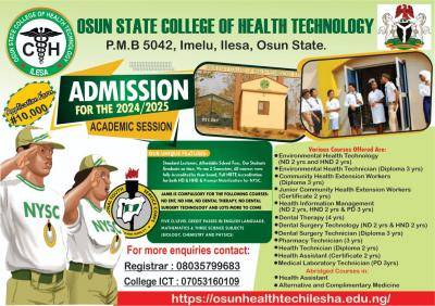 Osun State College of Health Technology, Ilesa 2024/2025 Admission