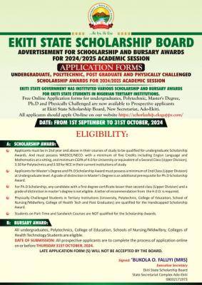 Ekiti State Scholarship Board Announced - 2024/2025