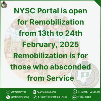 NYSC re-opens portal for remobilization