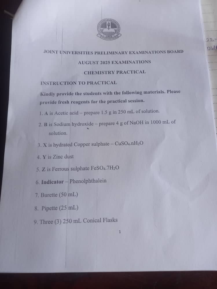 Jupeb 2025 Chemistry Practical Specimen Jupeb 2025 Chemistry Practical Specimen