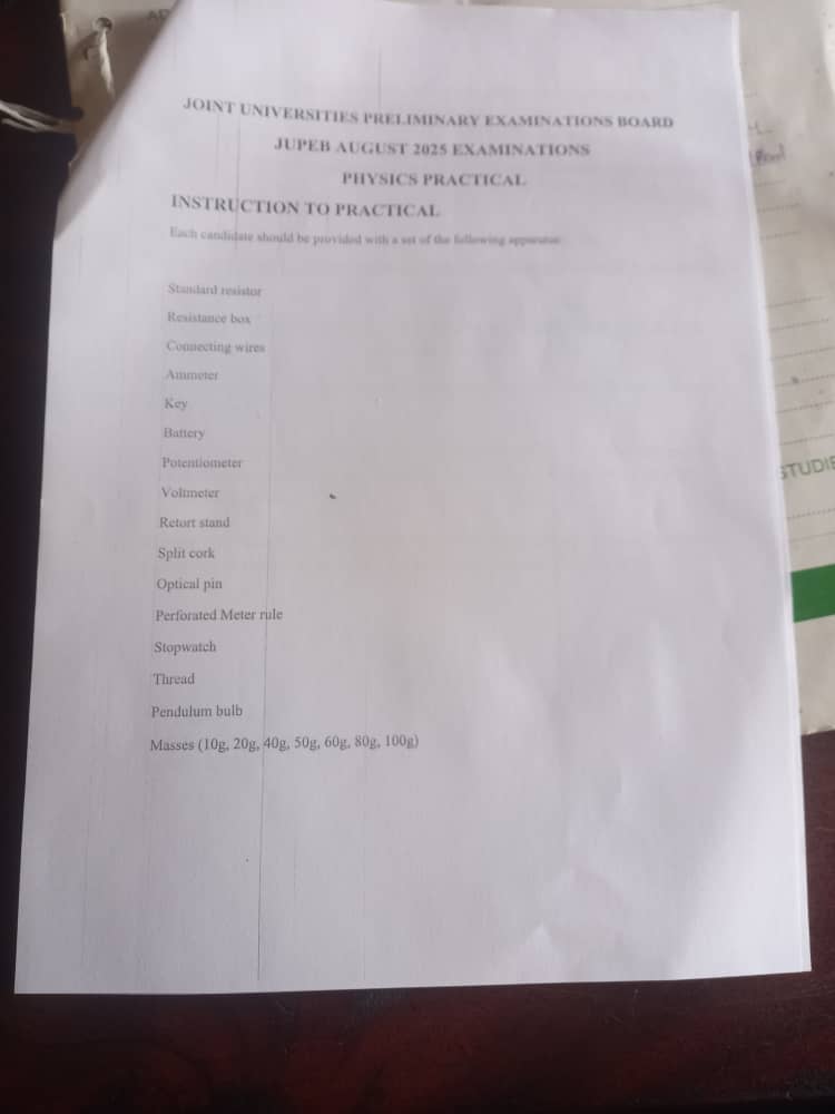 Jupeb 2025 Physics Practical Specimen