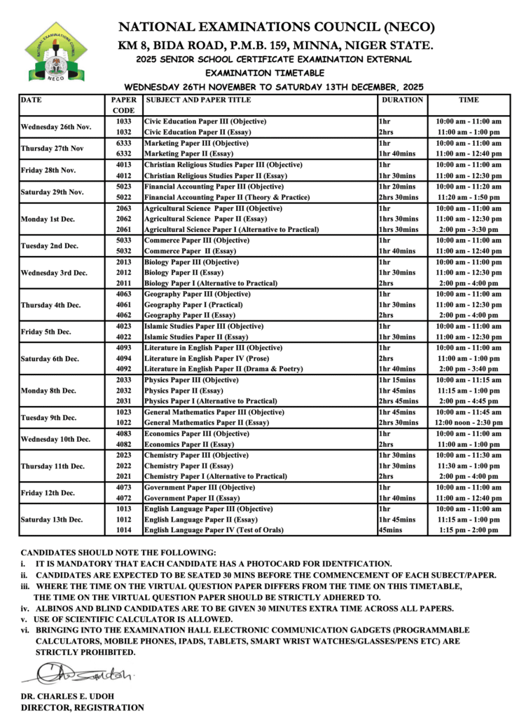 NECO GCE 2025 Timetable PDF