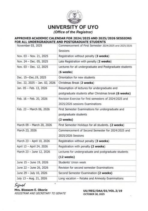 UNIUYO academic calendar for 2024
