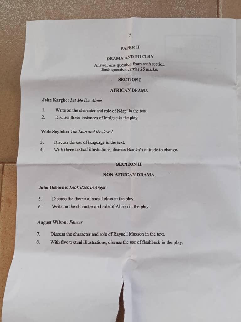 Neco GCE 2025 Literature Drama And Poetry Answer