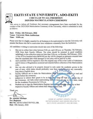 EKSU announces matriculation ceremony