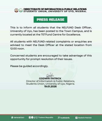UNIUYO SUG notice to students with NELFUND-related issues