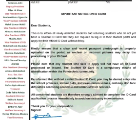 Kaduna Poly SUG notice to students on ID cards