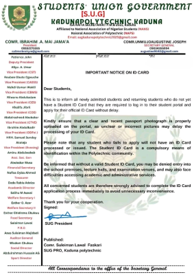 Kaduna Poly SUG notice to students on ID cards
