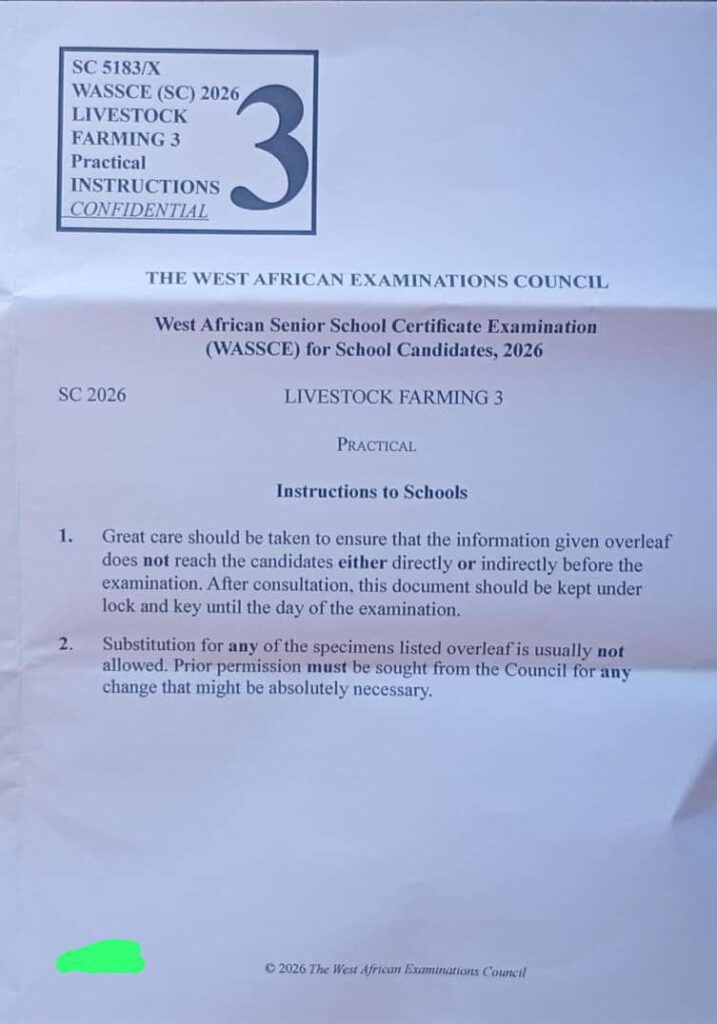 WAEC 2026 Livestock Farming Practical Answers