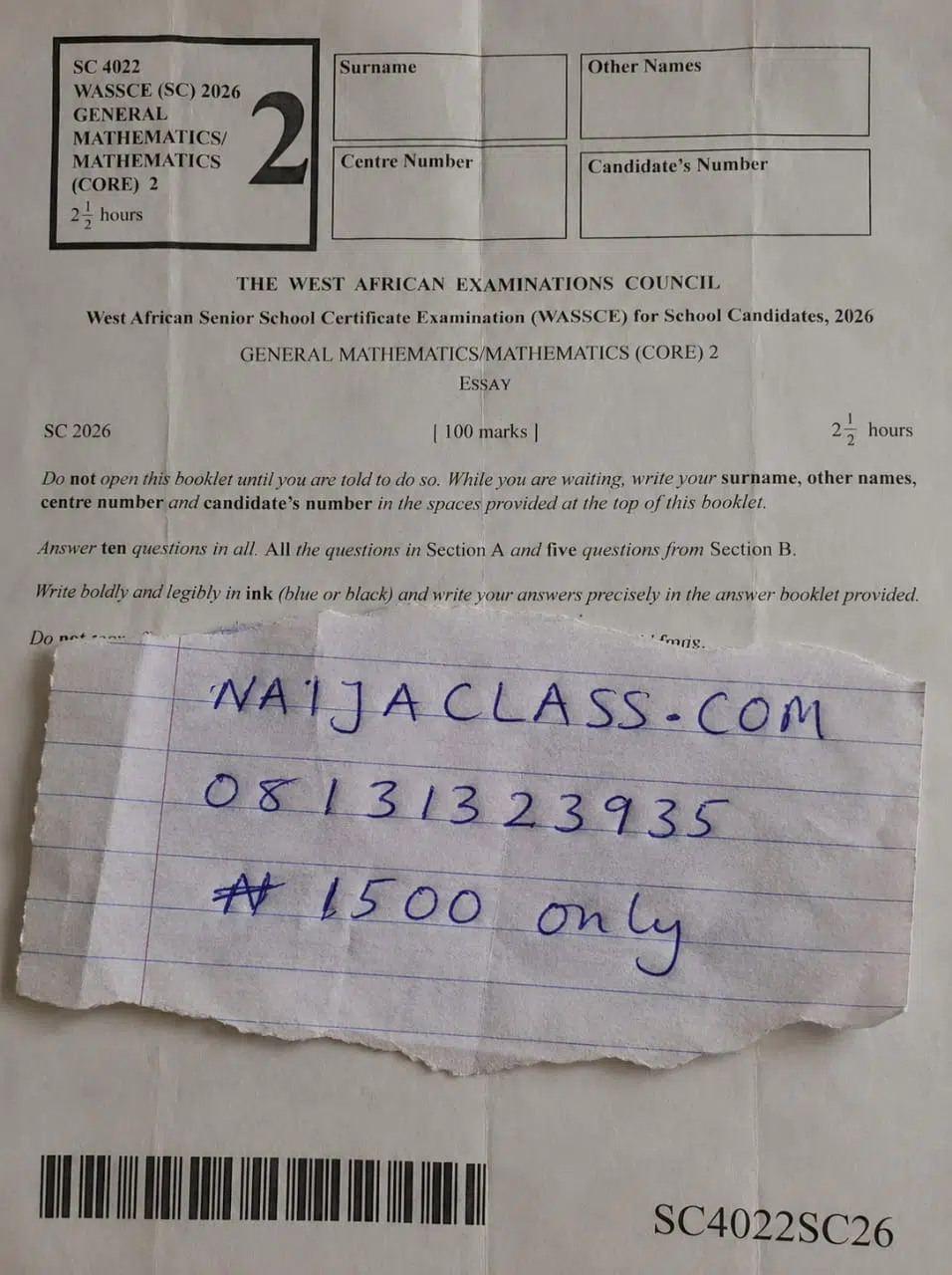 WAEC 2026 Mathematics Questions and Answers