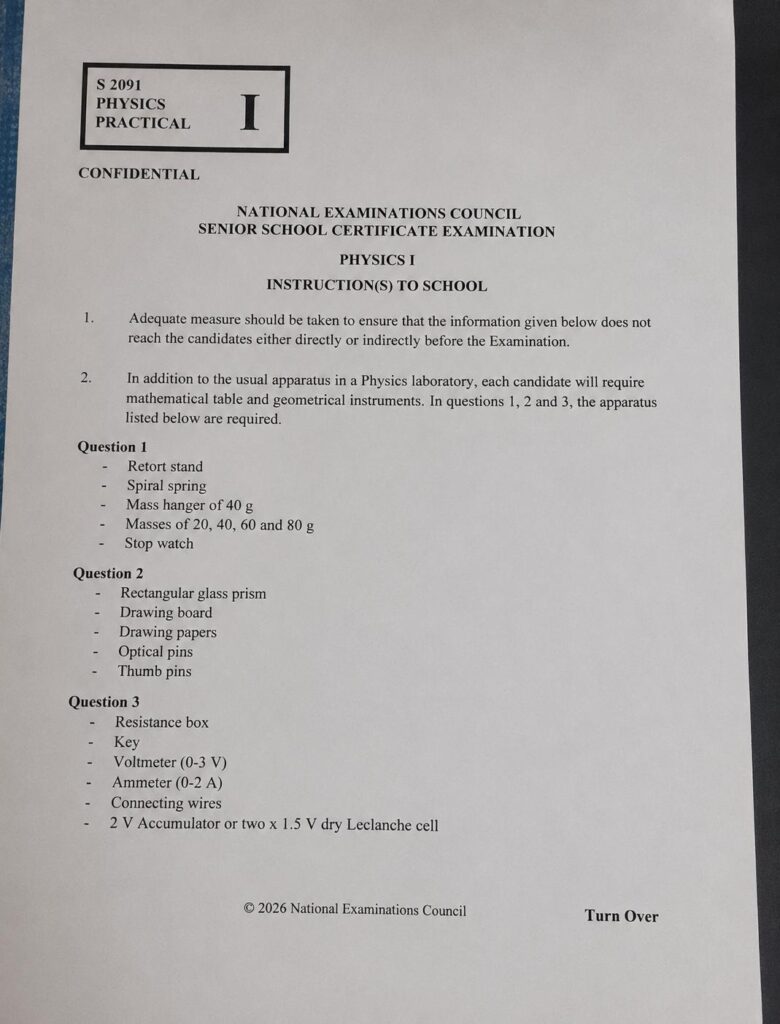 NECO 2026 Physics Practical Specimen