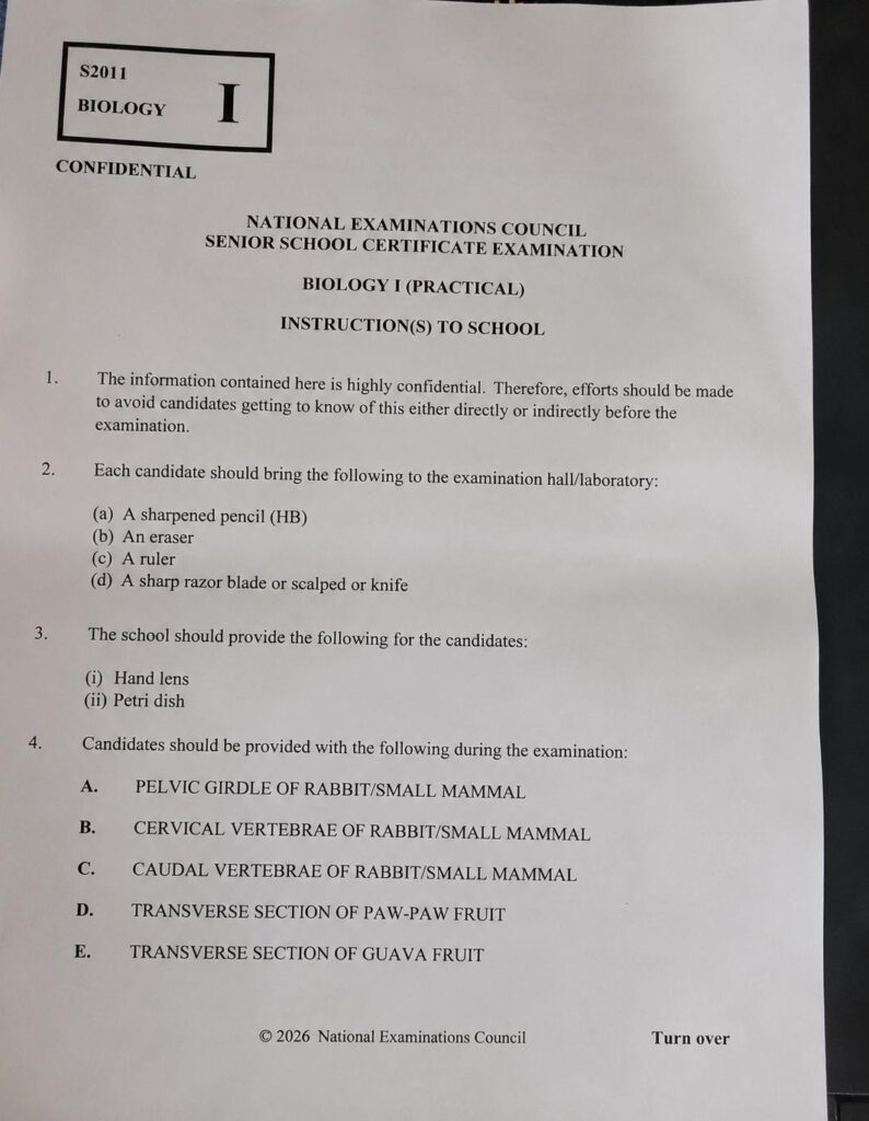 Neco 2026 Biology Practical Specimen
