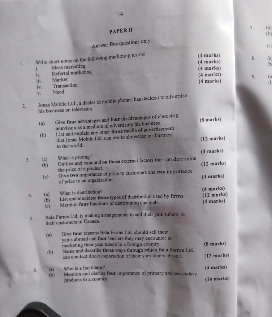 Neco 2026 Marketing Objectives And Essay Answers