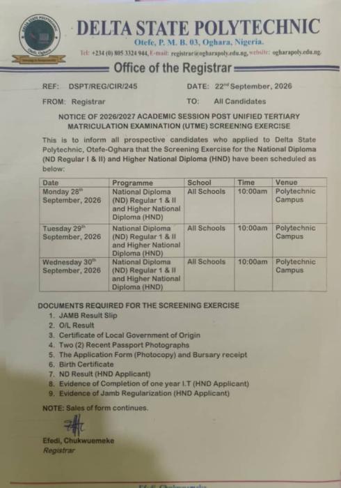 Delta State Polytechnic Oghara 2026 Post-UTME Screening